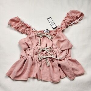 NEW Discreet Ruffle Peplum Top Womens Large Pink Front Tie Boho Coquette Fairy